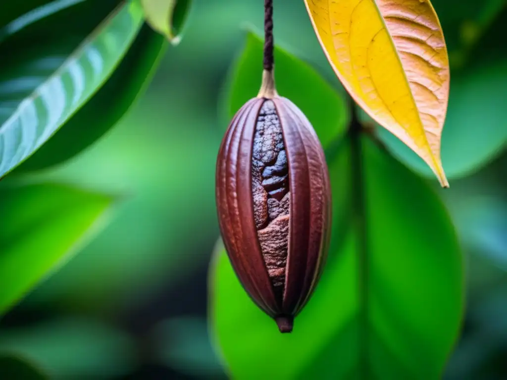 Detalle del cacao en el árbol amazónico, origen histórico chocolate amazónico