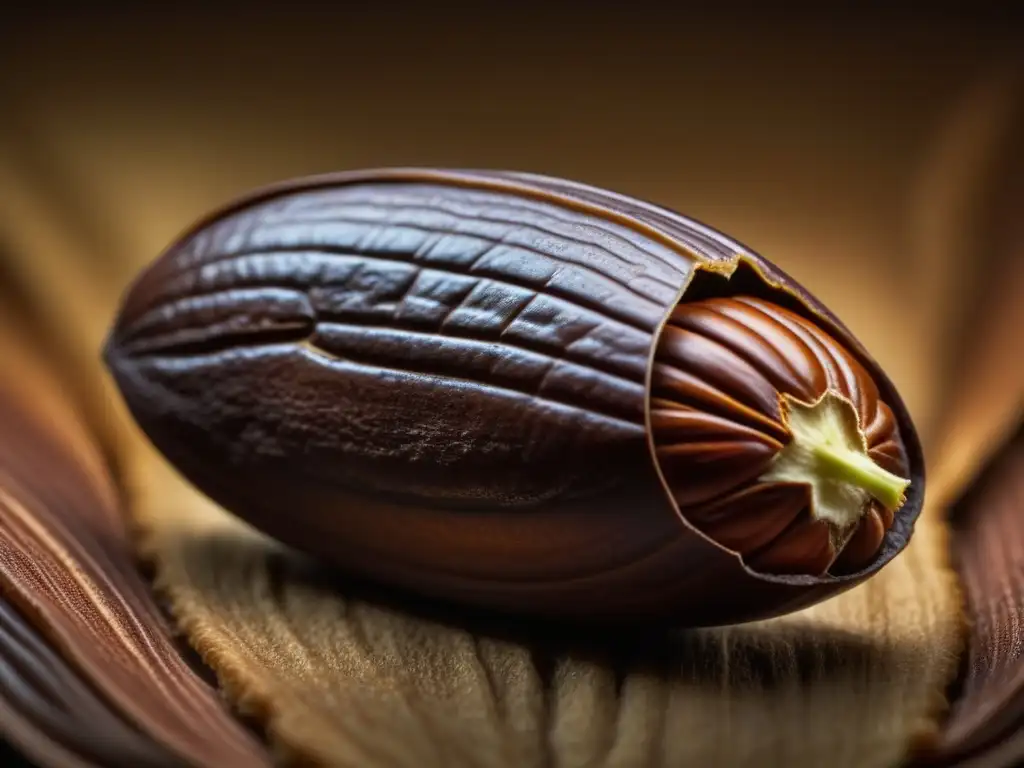 Detalle del cacao: color marrón intenso, textura intrincada y brillo sutil bajo luz natural