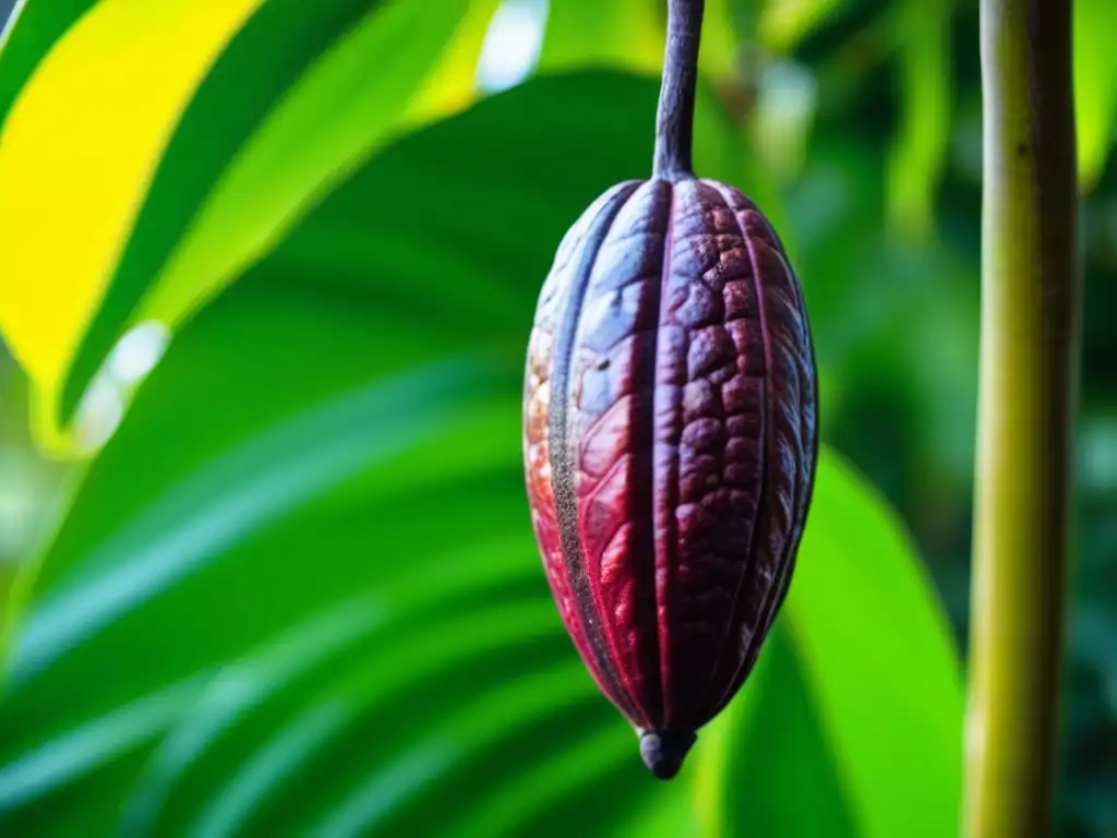 Detalle de un cacao maduro en árbol de las Islas del Pacífico resaltando su importancia cultural