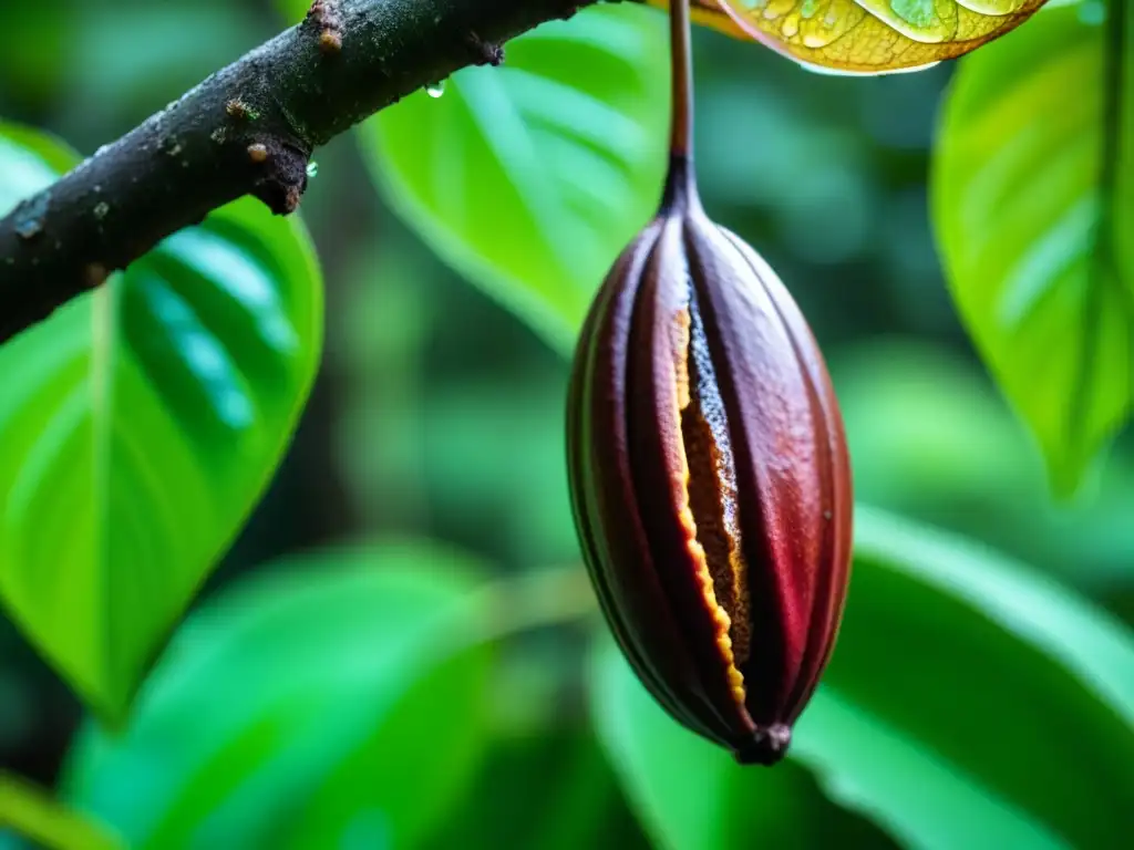 Detalle de un cacao maduro en una plantación, con gotas de agua y hojas verdes