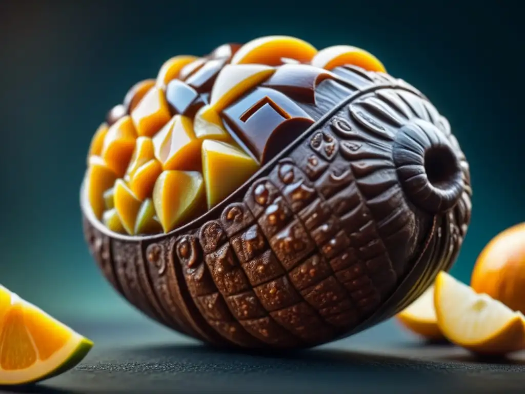 Detalle de un cacao maya con historia chocolate América colonial: texturas y colores de lujo, granos de cacao y rocío