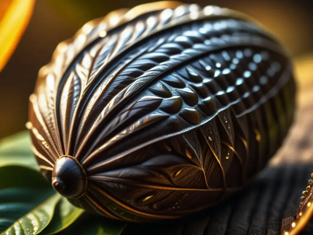 Detalle de un cacao recién cosechado, mostrando patrones y texturas con gotas de rocío bajo el sol