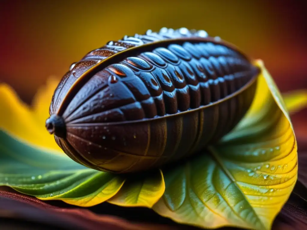 Detalle de un cacao recién cosechado con gotas de rocío, resaltando la importancia cultural cacao ceremonias mayas