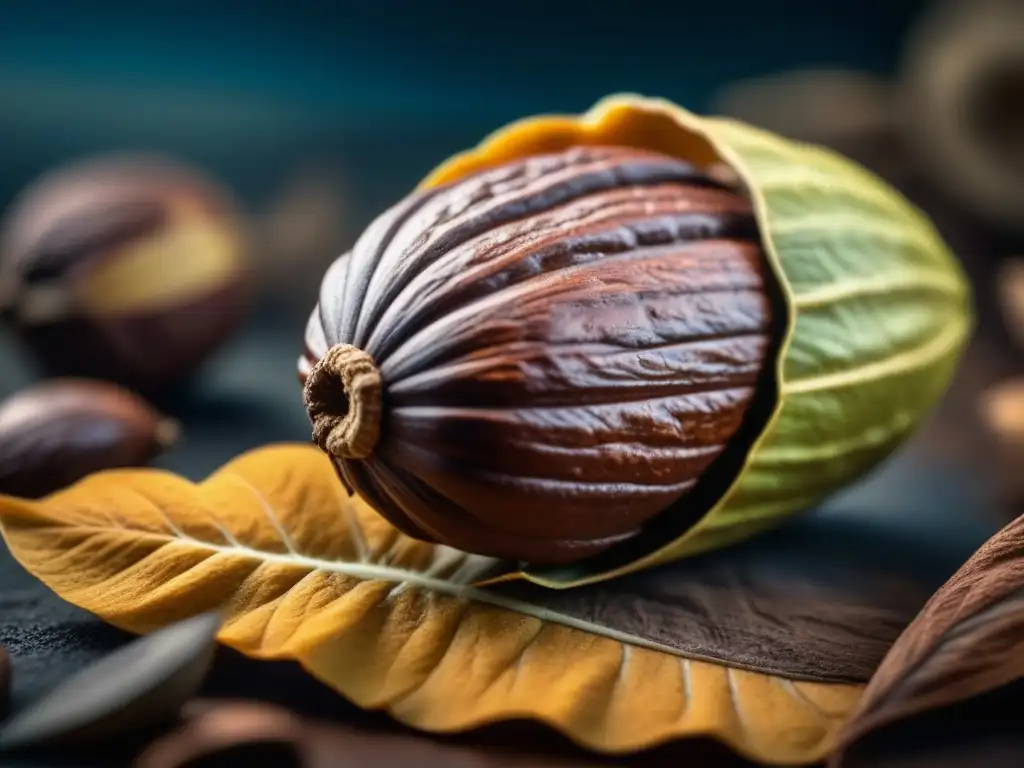 Detalle de un cacao recién cosechado, revelando los granos de cacao en pulpa brillante