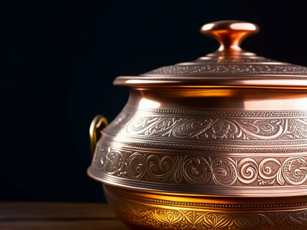 Detalle de cacerola otomana de cobre, resaltando la artesanía histórica