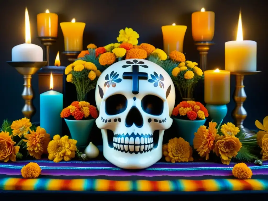 Detalle de una calavera de azúcar decorada, parte de una ofrenda para el Día de Muertos