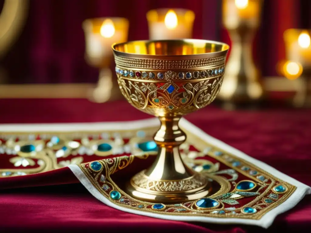 Detalle de un cáliz bizantino dorado, con incrustaciones de piedras preciosas y filigranas, en una mesa de terciopelo rojo rodeado de luz de velas