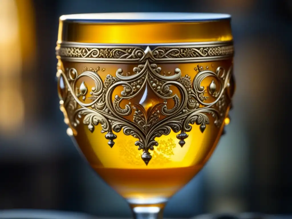 Caliz medieval de miel dorada y misterio Detalle de un cáliz medieval con hidromiel dorado, en un banquete de época medieval