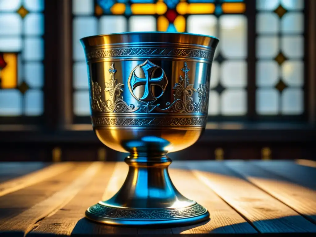 Detalle de un cáliz medieval de plata en una mesa de madera, iluminado por vitral