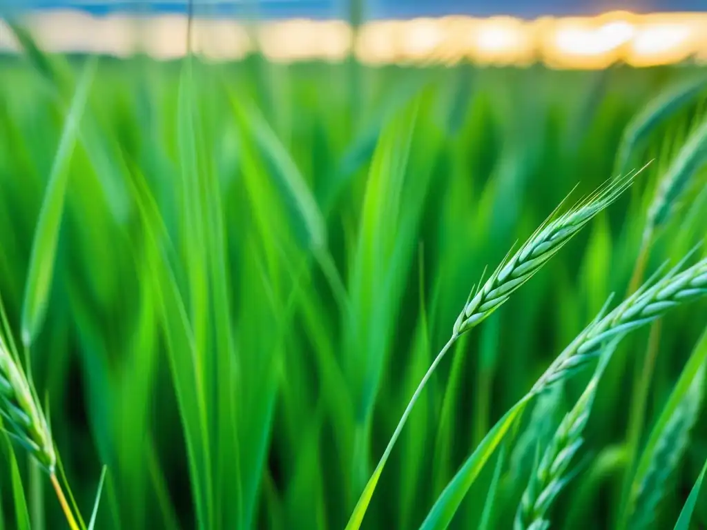 Detalle de campo de trigo verde vibrante, destacando la importancia del cultivo de cereales con prácticas sostenibles