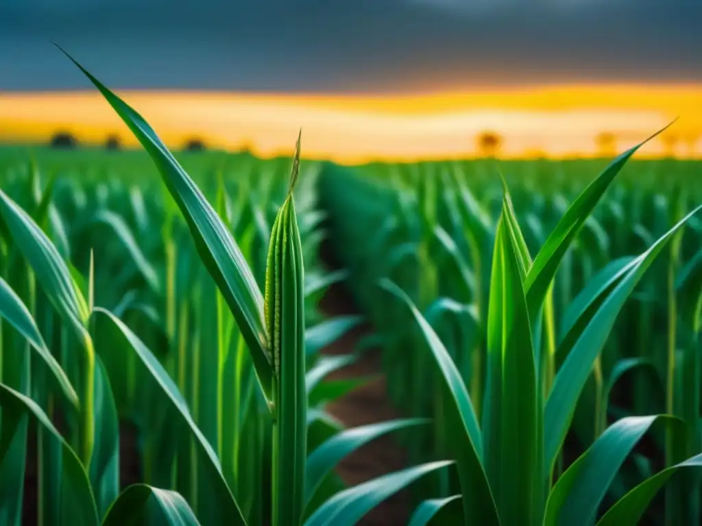 Producción de maíz en Latinoamérica: Detalle de un campo de maíz verde vibrante con mazorcas listas para la cosecha bajo el sol dorado