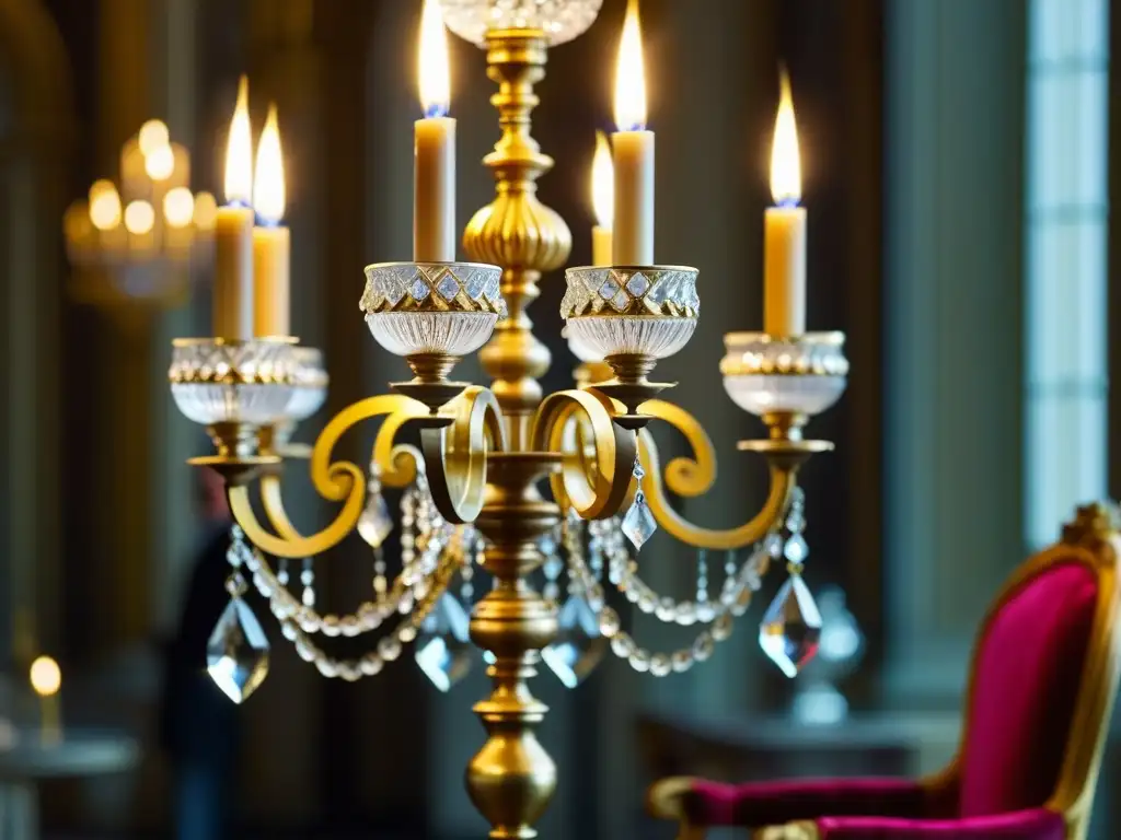 Detalle de candelabro dorado con cristales en salón opulento de Versalles, recetas históricas barroco francés