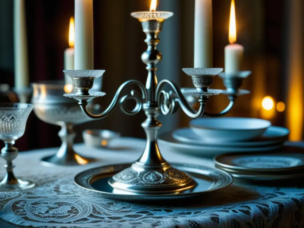 Detalle de candelabro de plata rodeado de vajilla y cristalería fina en mesa de encaje, evocando la evolución gastronomía francesa siglo XVII