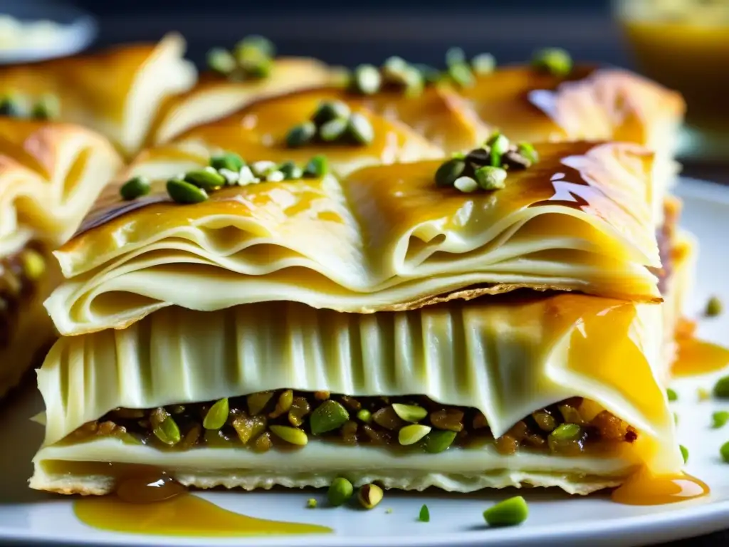 Detalle del baklava: capas doradas de masa filo con pistachos y miel