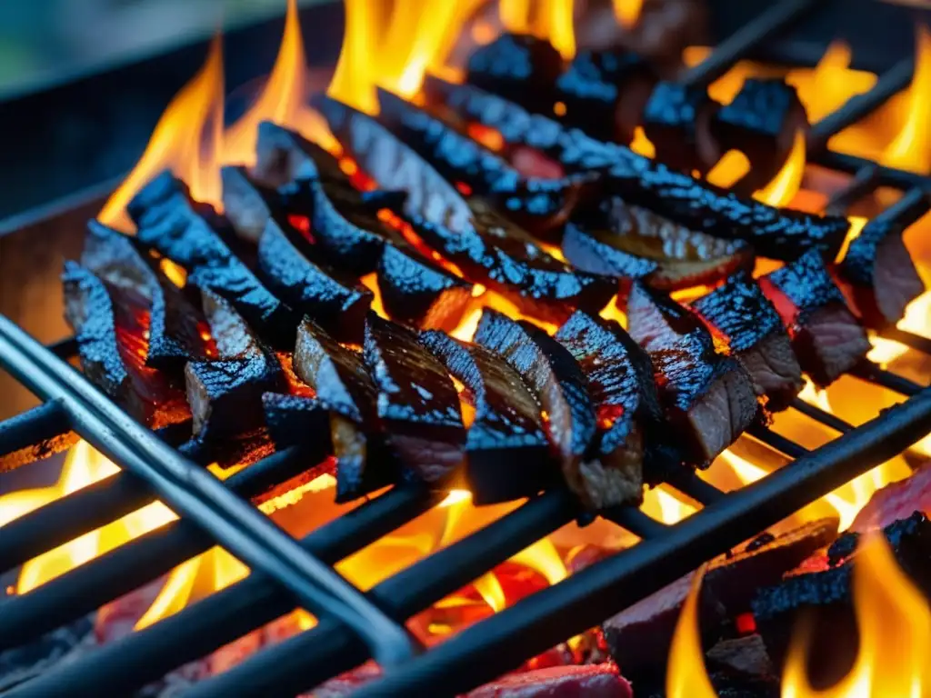 Detalle de embers y carne en parrilla argentina, evocando la tradición y maestría culinaria en la historia, técnicas asado evolución