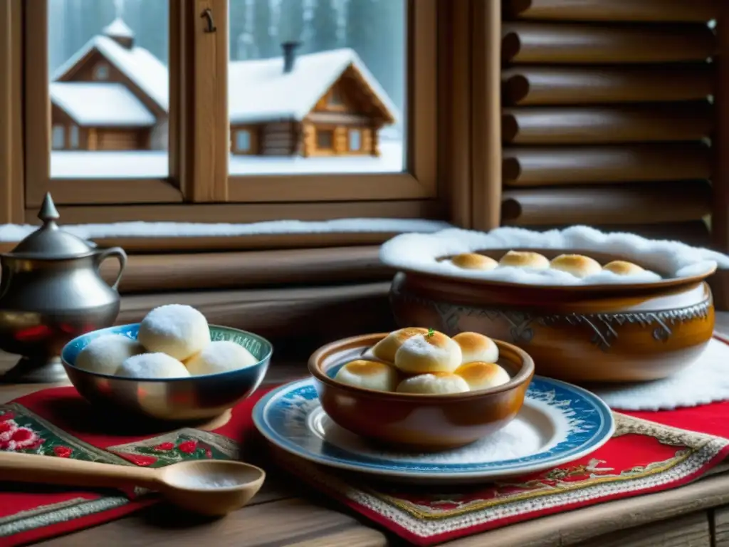 Detalle de casa rusa de madera cubierta de nieve con mesa de recetas históricas cultura rusa invierno