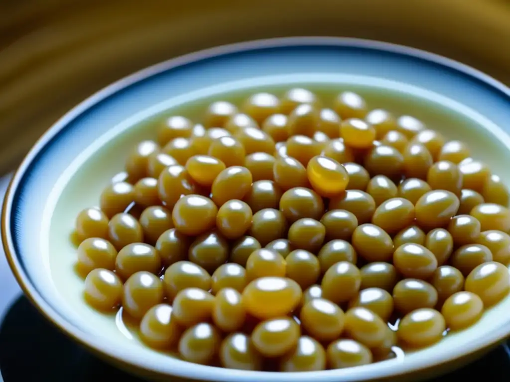 Detalle cautivador de natto brillante y pegajoso en un tazón, mostrando los beneficios del consumo de natto