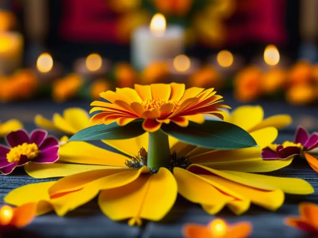 Detalle de cempasúchil en altar de Día de Muertos con velas y papel picado