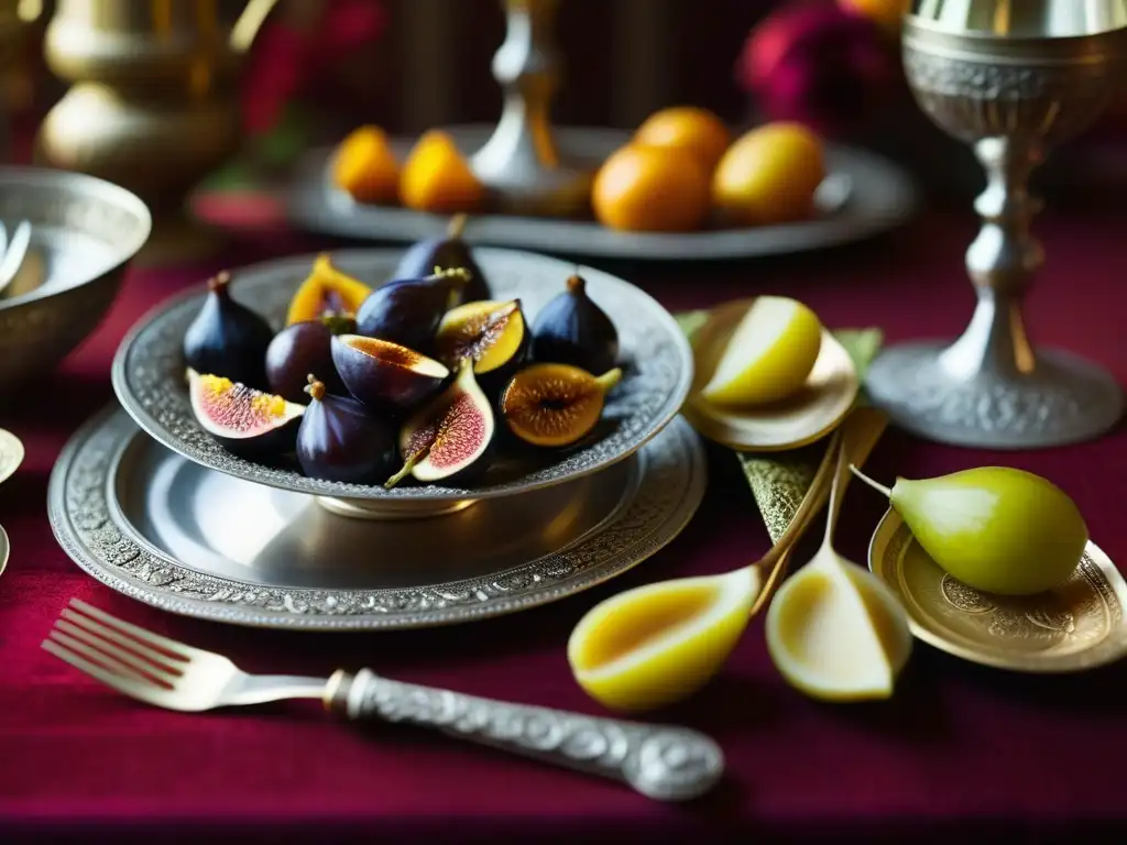 Detalle de una cena histórica banquete bizantino con plata, textiles y manjares decadentes