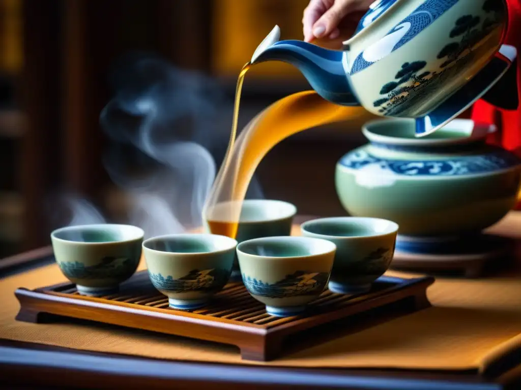 Detalle de ceremonia de té china, destacando la importancia histórica del té en la cultura china