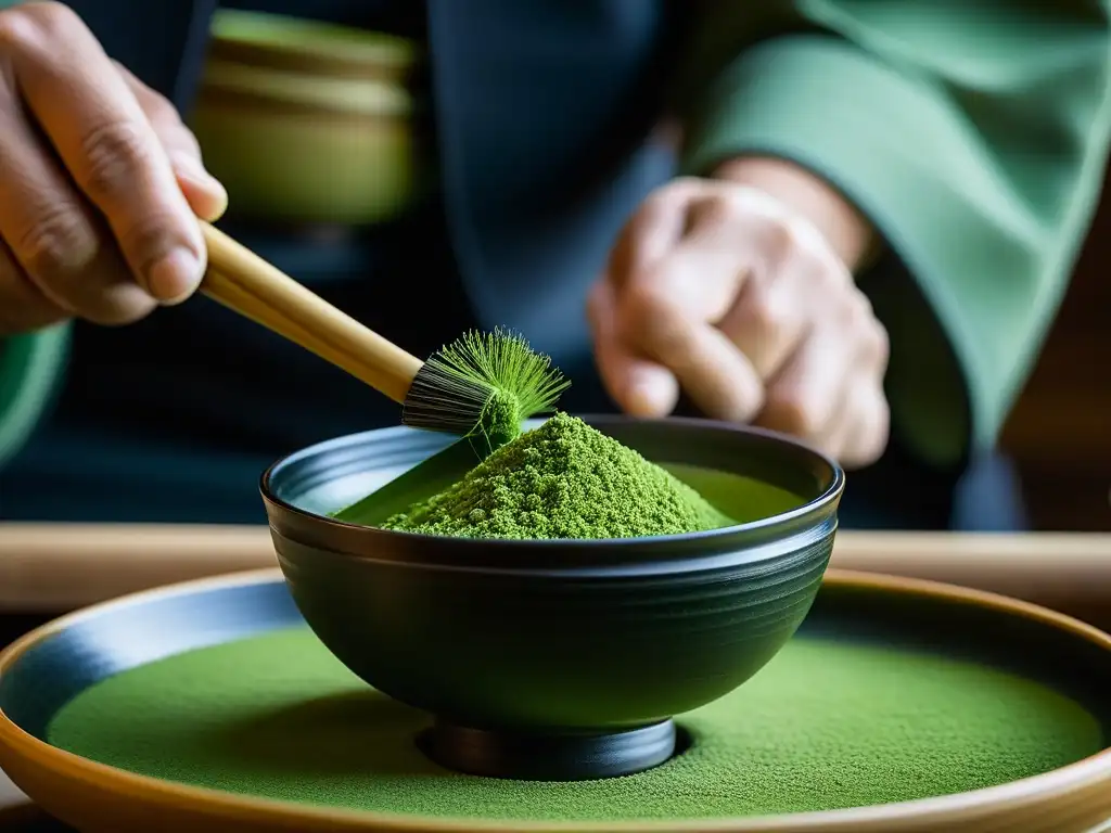 Detalle de la ceremonia del té en historia: maestro japonés preparando matcha con gracia y precisión