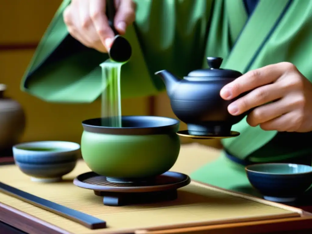 Detalle de una ceremonia del té japonés, resaltando la cultura culinaria