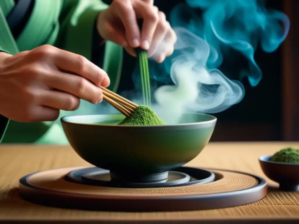 Detalle de ceremonia del té japonés: el maestro mezcla matcha con agua en un cuenco, evocando la serenidad y belleza de esta tradición cultural