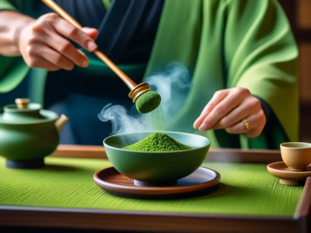 Detalle de una ceremonia del té japonés, mostrando la preparación meticulosa del matcha en un ambiente sereno