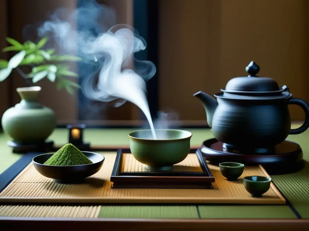 Detalle de la ceremonia del té japonés con utensilios, matcha y movimientos elegantes en una habitación ricamente decorada