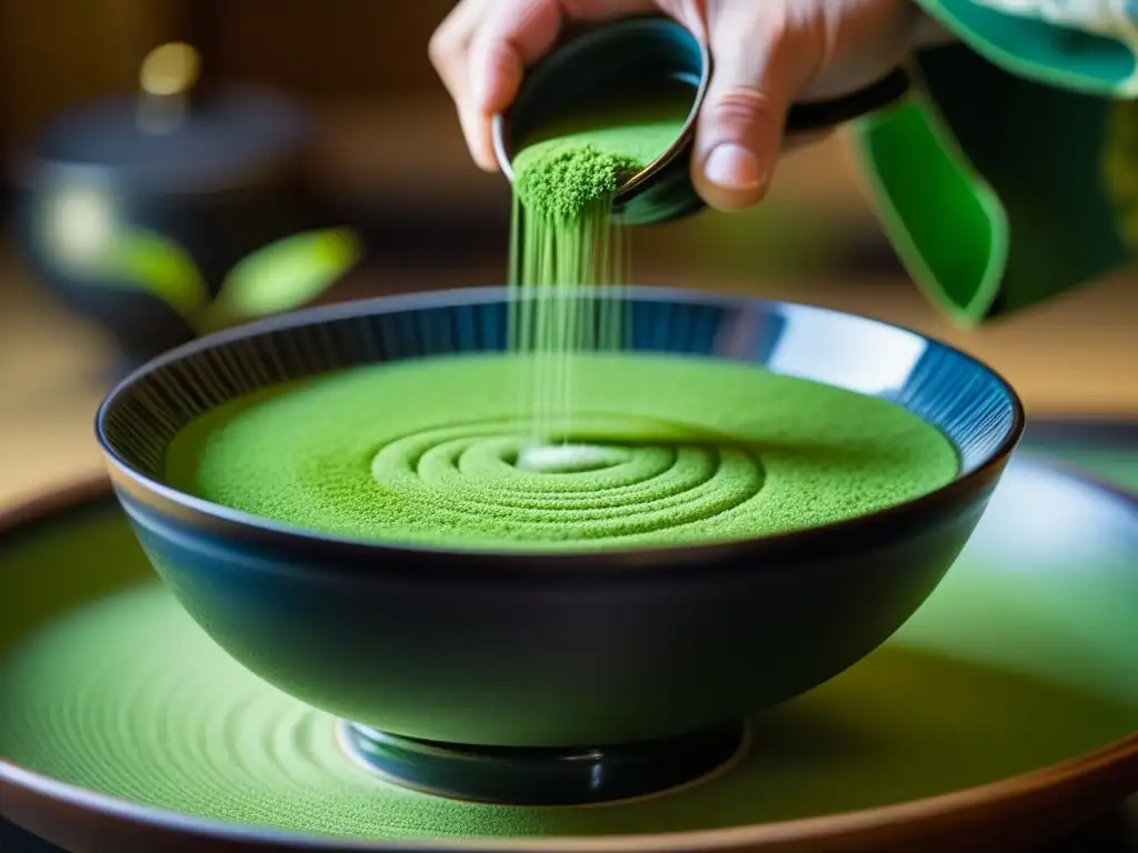 Detalle de la Ceremonia del Té Japonesa Zen: el ritual de preparar matcha en un cuenco tradicional con movimientos delicados y concentración serena