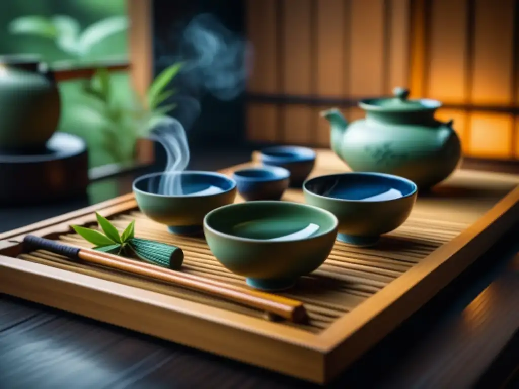 Detalle de una ceremonia del té japonesa en la Era Heian: tazones, batidor de bambú y hojas de té en bandeja de madera