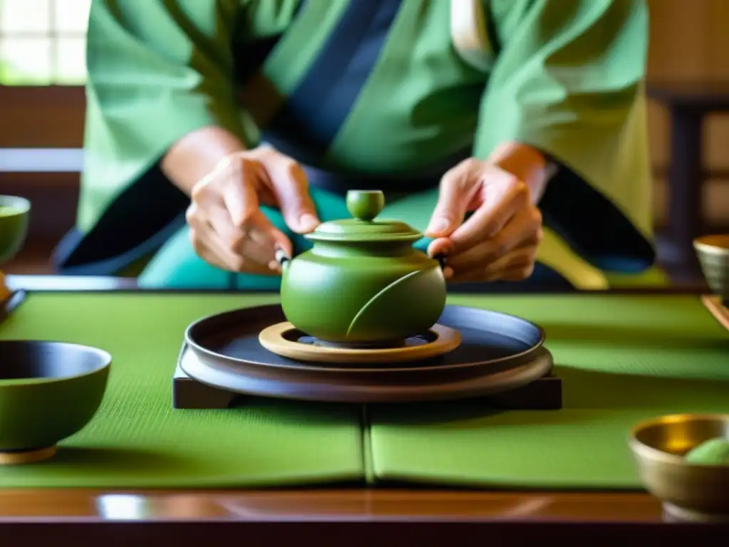 Detalle de la ceremonia del té japonesa en un templo sereno, mostrando la preparación del matcha y la riqueza cultural de Japón