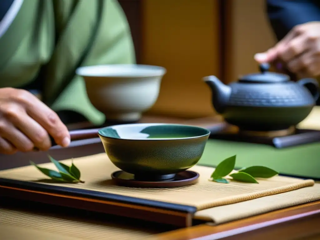 Detalle de ceremonia del té japonesa tradicional durante la Era Meiji, influencias gastronomía japonesa Era Meiji