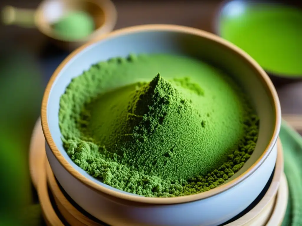 Detalle del cernido de matcha verde en un tamiz de bambú, resaltando los beneficios del matcha en nutrición