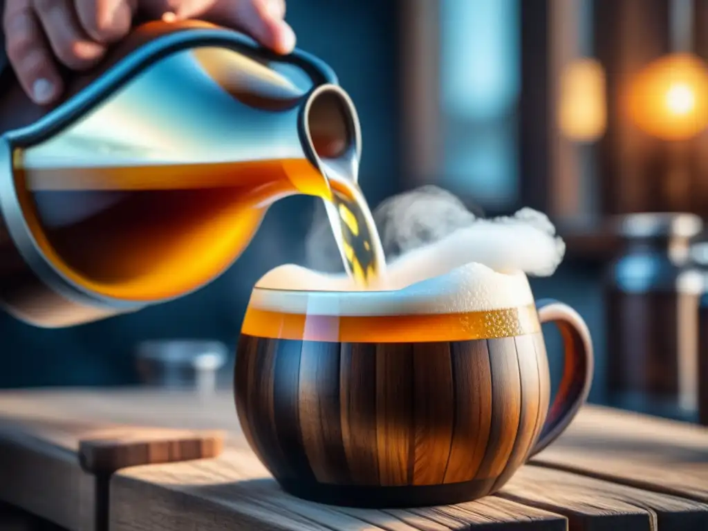 Detalle de la cerveza tradicional finlandesa sahti vertiéndose en taza de madera artesanal, con espuma dorada y ambiente auténtico