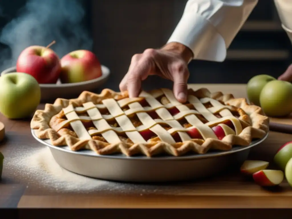 Detalle de chef elaborando una clásica tarta de manzana americana con influencia europea del siglo XIX