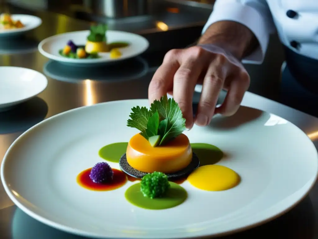 Detalle de chef con estrella Michelin preparando plato en cocina de lujo en San Sebastián