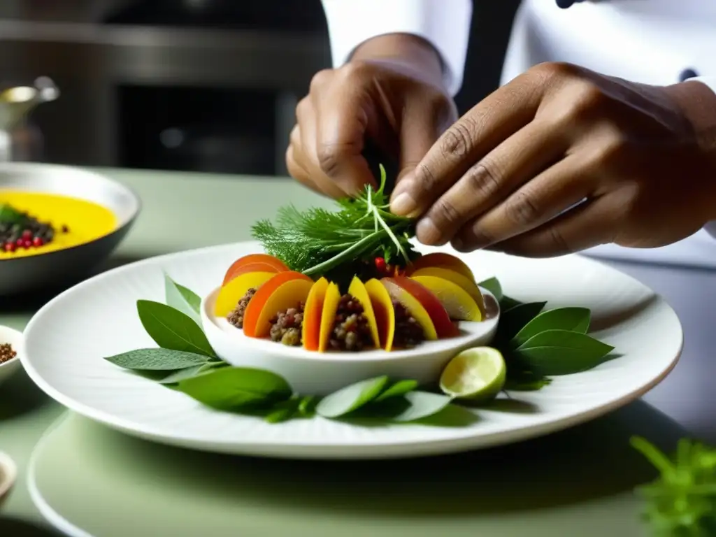 Detalle de chef creando plato fusión IndoChino, con colores vibrantes y ingredientes exóticos en cocina