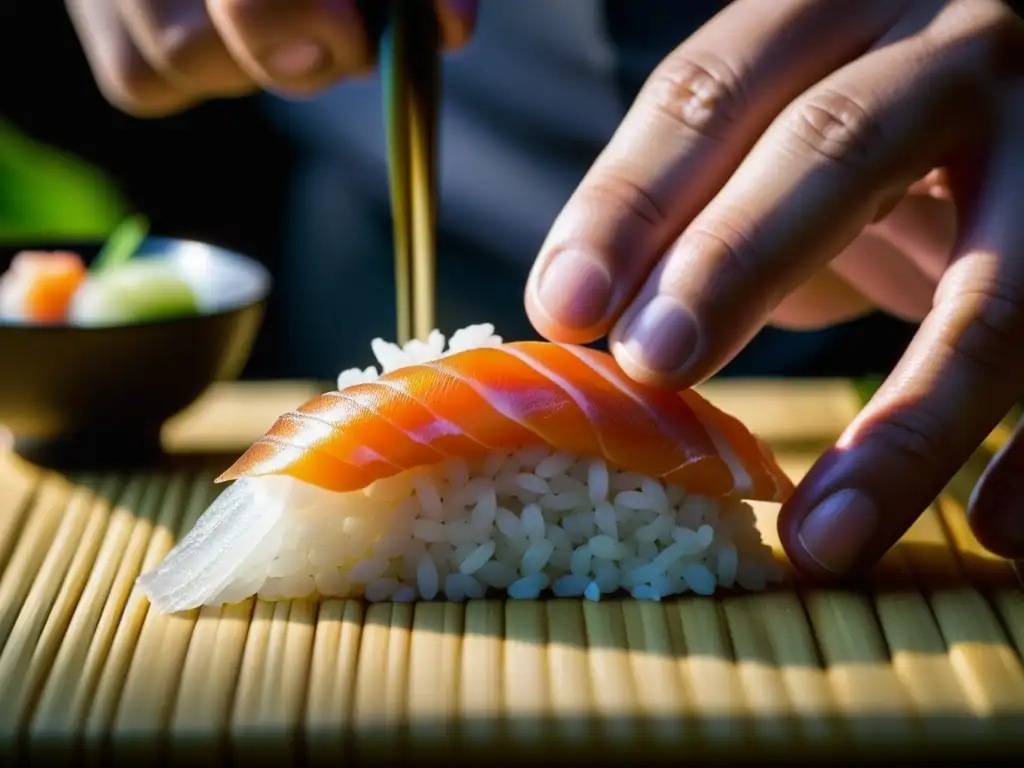 Detalle de un chef de sushi creando un nigiri, mostrando la maestría y precisión en la elaboración