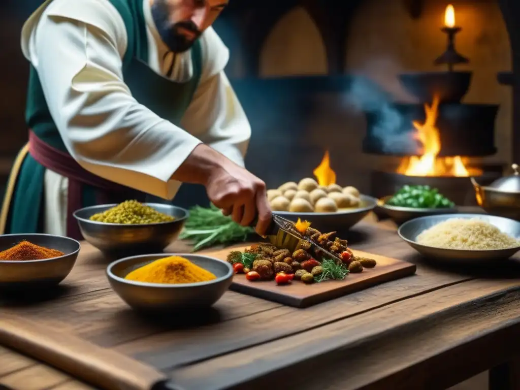 Detalle de chefs preparando platos con galanga en cocina medieval europea