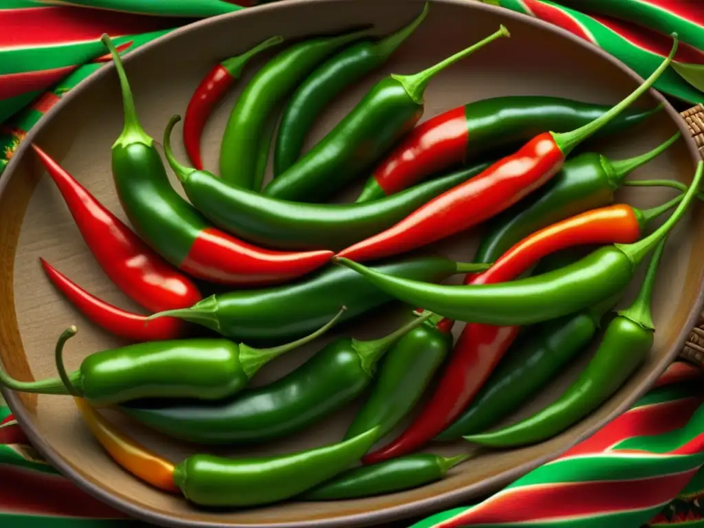 Detalle de chiles rojos y verdes en patrón azteca, resaltando la textura y semillas