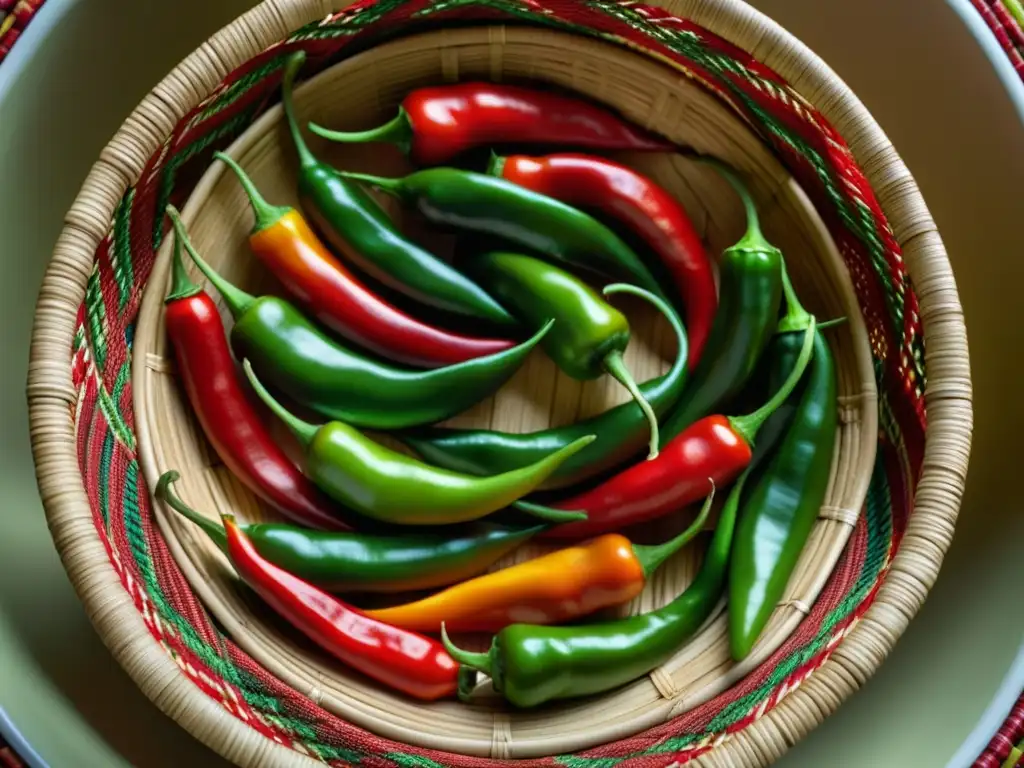 Detalle de chiles rojos y verdes en canasta maya, resaltando sus usos culinarios en la cocina Maya