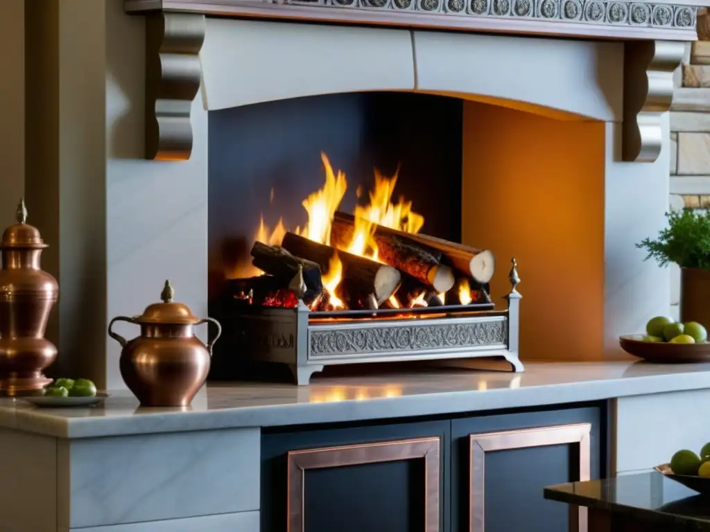 Detalle de una chimenea renacentista en cocina histórica, fusionando arte y eficiencia energética en cocinas antiguas