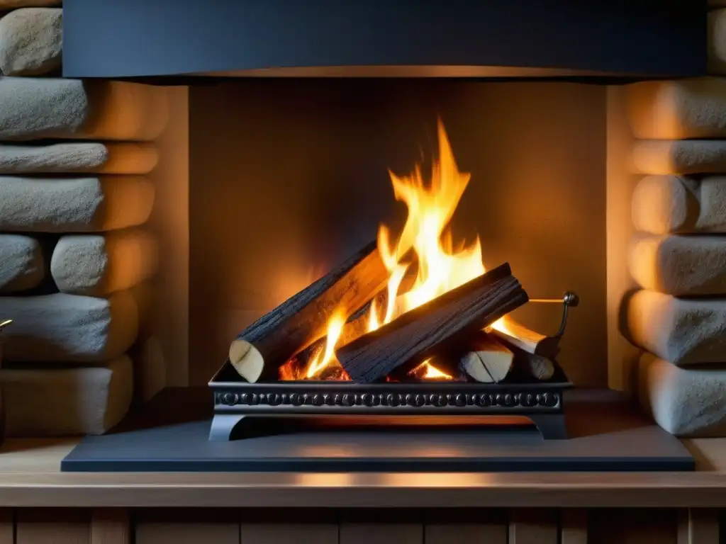 Detalle de una chimenea tradicional en una cocina histórica, con llama y sombras danzantes