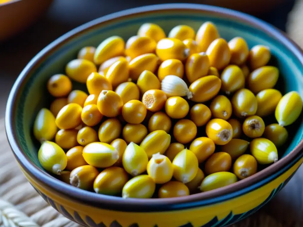 Detalle de choclos amarillos en cuenco peruano, resaltando la importancia cultural del choclo en la cocina inca