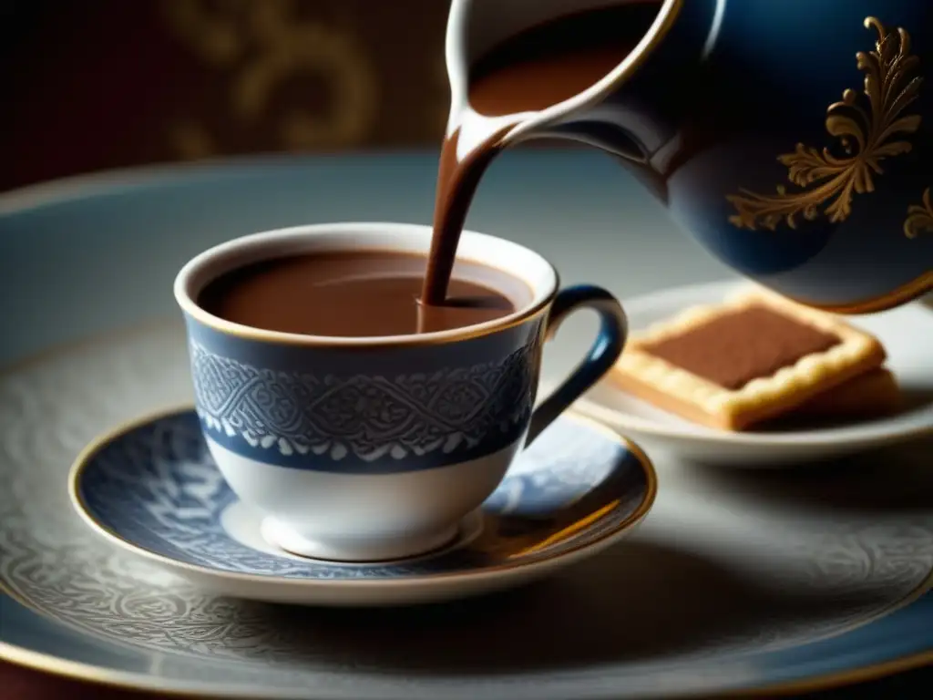 Detalle de chocolate caliente español vertiéndose en una taza de porcelana, resaltando la historia del chocolate en España