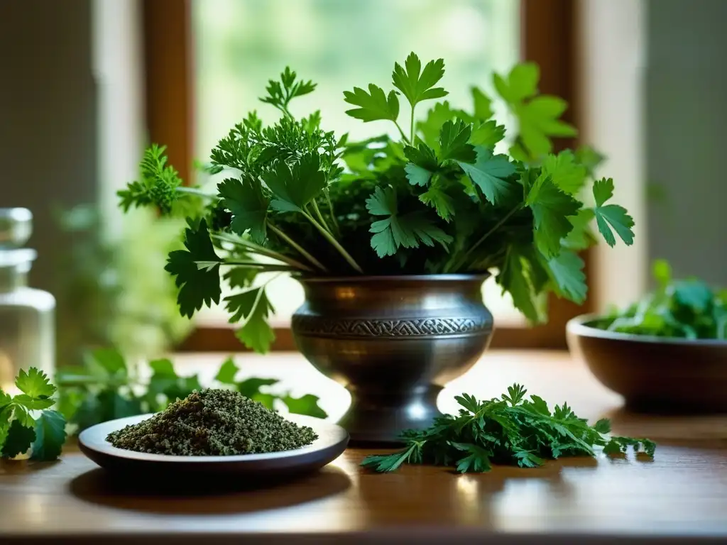 Detalle del cilantro en la cocina medieval: hojas frescas y utensilios antiguos crean una atmósfera auténtica y envolvente