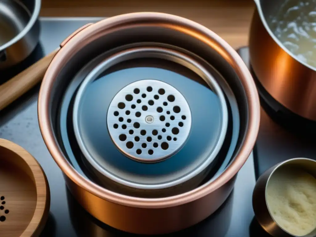 Detalle de un circulador de inmersión sous vide en una olla burbujeante, rodeado de utensilios de cocina antiguos