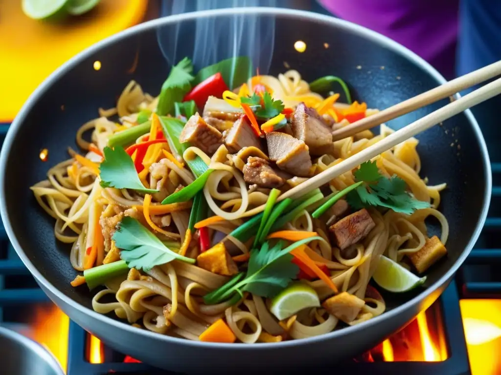 Detalle en closeup de un wok sizzling con ingredientes vibrantes, creando un delicioso Pad Thai