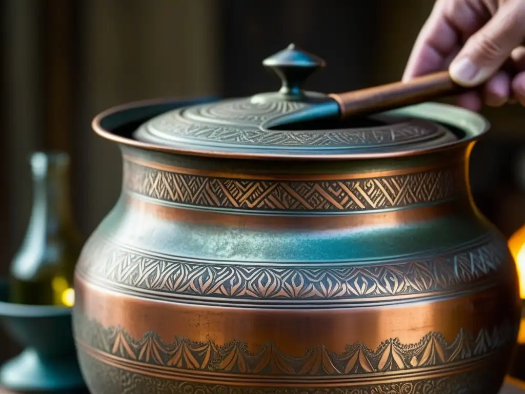 Detalle en cobre: las engravings en una antigua olla de cobre revelan historias de utensilios de cocina antiguos y cultura